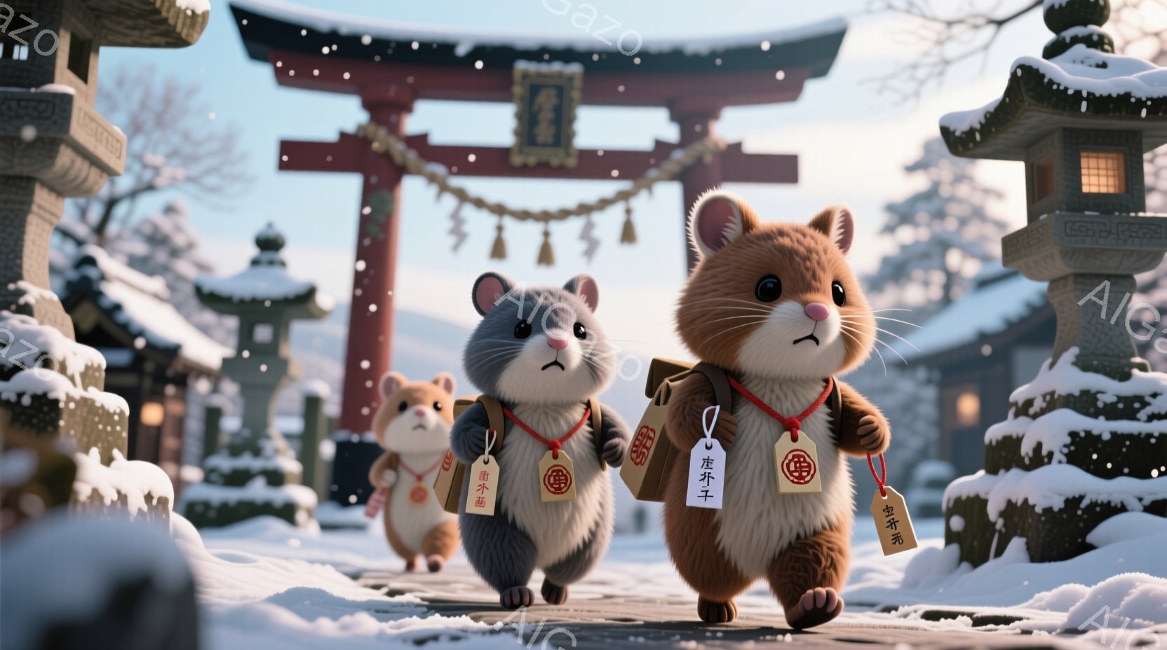雪景色の中、小さくて可愛らしいネズミたちが赤い提灯と小さな荷物を持って歩いている。彼らはそれぞれ赤い紐で結ばれた荷物を持っており、楽しそうで好奇心旺盛な表情を浮かべている。背景には伝統的な日本の建物と雪で覆われた木々があり、静かで穏やかな冬の雰囲気を醸し出している。