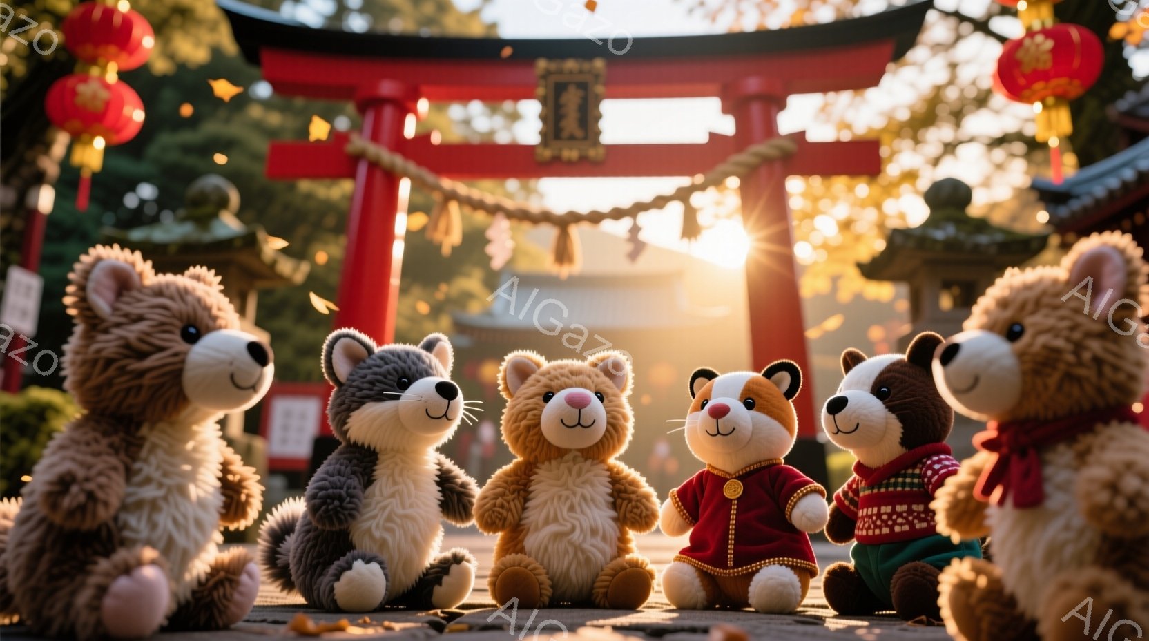日本の神社の前に並んだ五匹の可愛らしいテディベアが写っています。それぞれ異なる毛並みと服装をしており、赤い提灯と暖かい夕日の光が背景を照らしています。ベアたちは皆、前を向いて座っており、穏やかで楽しい雰囲気を醸し出しています。