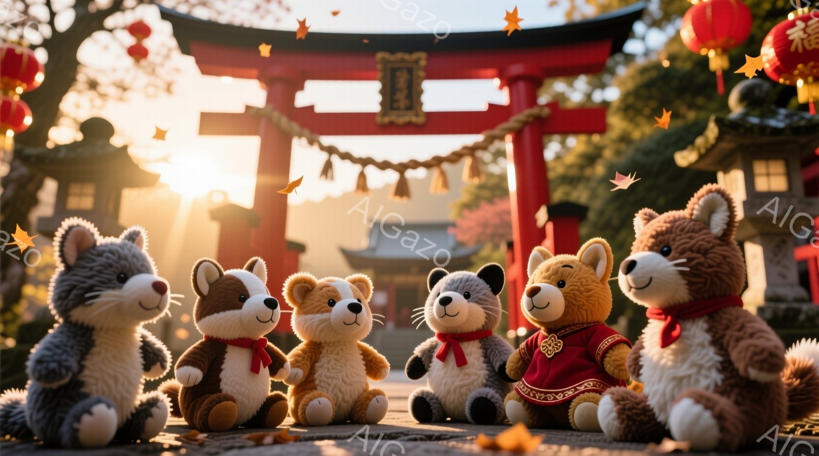 六匹の愛らしいぬいぐるみが、鮮やかな朱色の鳥居の前で整列しています。それぞれが伝統的な赤い衣装を着ており、顔には穏やかで幸福な表情が見られます。背景には日本風の建物が見え、紅葉と暖かな日差しが秋の穏やかな雰囲気を醸し出しています。