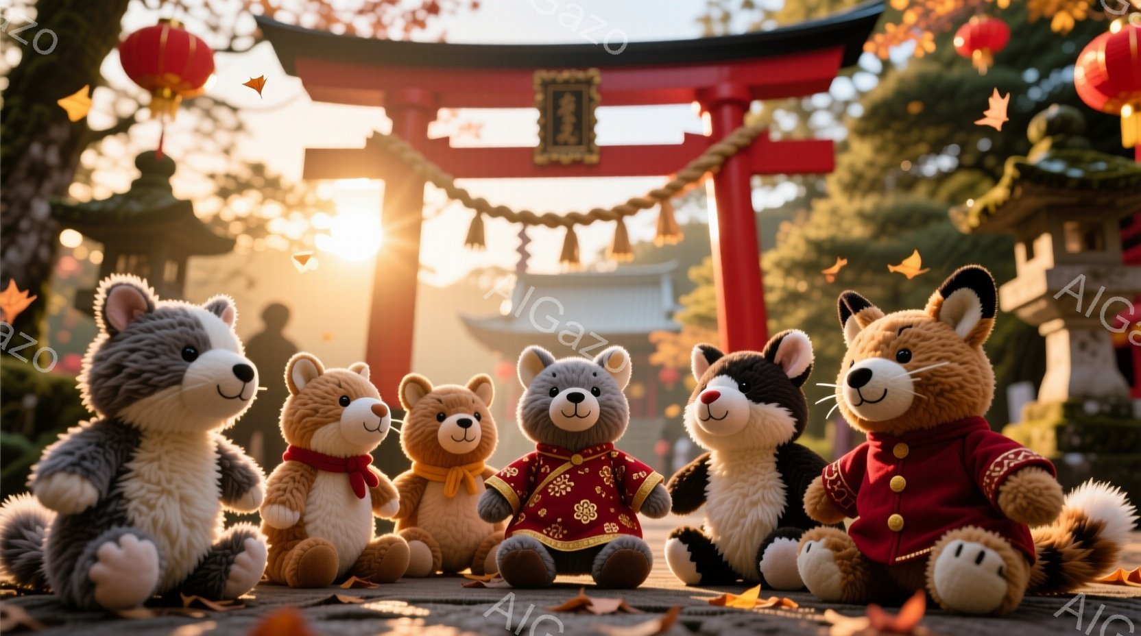 鮮やかな朱色の鳥居が背景に広がり、落ち葉が舞う木製のデッキに、様々な動物のぬいぐるみが整列しています。彼らはそれぞれ中国風の赤い衣装を着ており、穏やかで優しい表情をしています。背景には伝統的な寺院建築が見え、夕焼けの光が暖かく、お祭りや祝祭の雰囲気を醸し出しています。