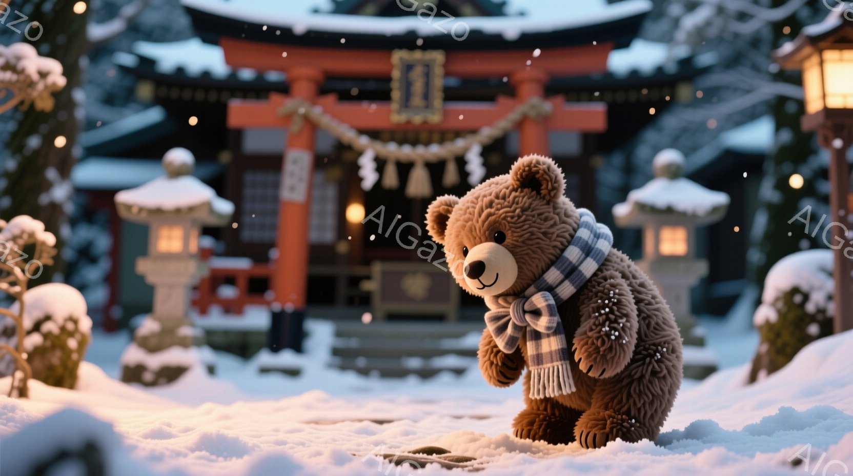 ふわふわの茶色のクマが雪の中に立っており、首にチェック柄の白いマフラーを巻いています。背景には雪化粧した鳥居と提灯があり、穏やかな冬の夜の情景が広がっています。雪が降り積もり、暖色系の光がクマと背景を - AI生成フリー素材