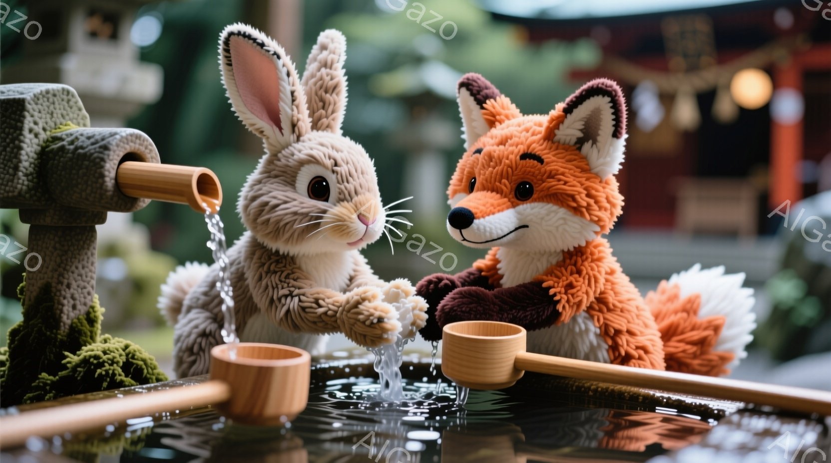 ぬいぐるみである茶色のうさぎと狐が、水が流れる手水舎の前で水を汲んでいます。うさぎは優しい笑顔で水を飲み、狐は少し緊張した表情で水を覗き込んでいます。背景には緑豊かな木々や苔むした石造りの建物が見え、 - AI生成フリー素材
