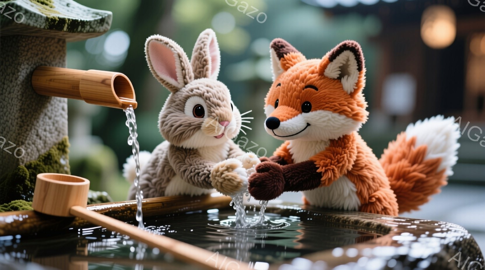ふわふわの茶色のウサギとオレンジ色のキツネが、竹製の水鉢の前で水を分けて飲んでいる様子が描かれています。ウサギは両手で水をすくい、キツネは片手を差し伸べており、二匹は楽しげな表情を浮かべています。背景には苔むした石造りの建造物があり、緑豊かな自然の中に穏やかな時間が流れているような、温かく平和な雰囲気が漂っています。
