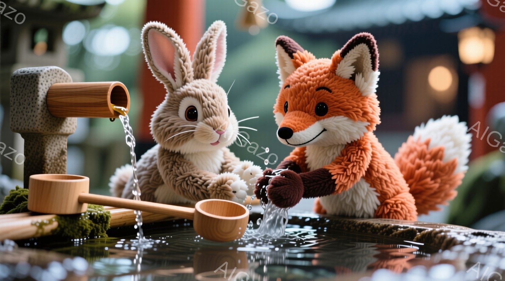 ふわふわのうさぎと狐が、水場で水をすくって飲んでいます。うさぎはピンクの衣装を身に着け、狐は茶色の衣装を身に着けており、水面には水しぶきが上がっています。背景には苔むした石造りの水場と、ぼんやりと見える寺院の建物が見え、穏やかで幻想的な雰囲気を醸し出しています。
