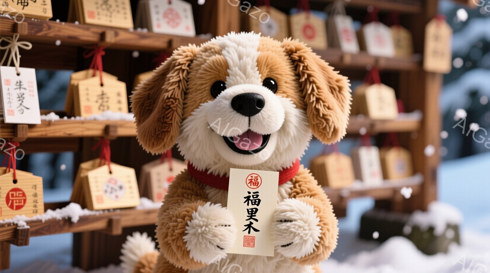 ぬいぐるみは、茶色のふわふわした毛並みで、愛らしい表情をしています。赤い首輪につけられた木札には「梅来太」と書かれており、お守りのように見えます。背景には多くの木札が並べられており、神社やお寺の縁日のような、伝統的な雰囲気が漂っています。