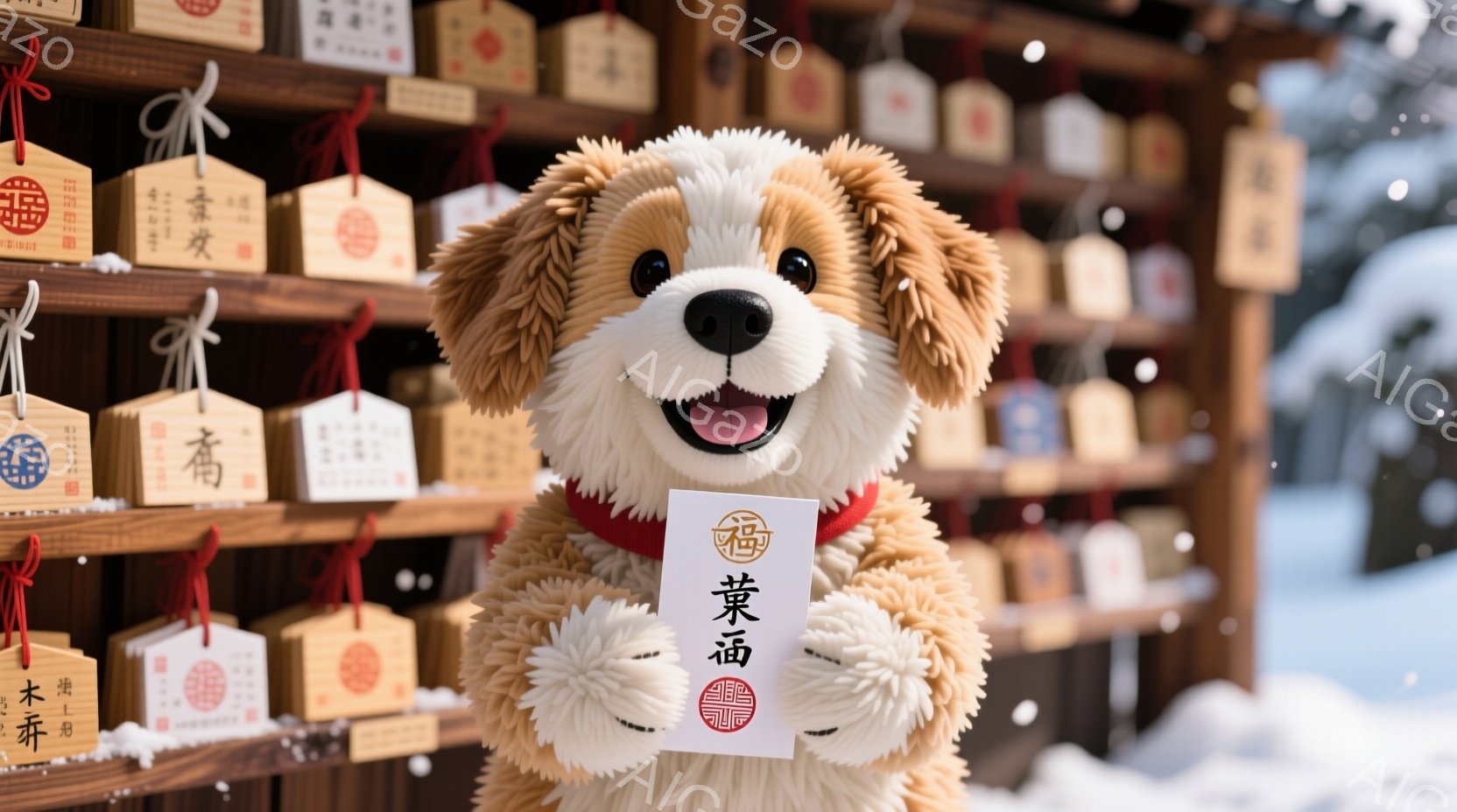 ぬいぐるみの犬が、赤い首輪をつけ、片手に「縁酒」と書かれた小さな木札を持っています。背景には、多数の同じような木札が並び、まるで神社やお寺の絵馬のようです。雪がちらつくような背景から、冬の寒々しい雰囲気が伝わってきます。