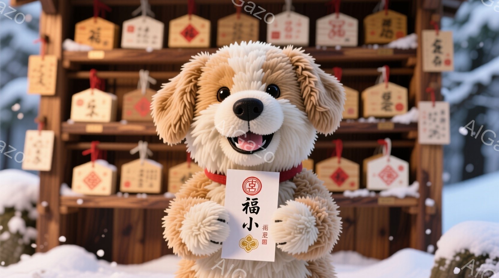 ふわふわの茶色の犬のぬいぐるみは、赤い首輪をつけて笑顔で立っています。背景には、お守りと思われる小さな木札がたくさん飾られた屋台があり、雪が降る冬の景色が広がっています。全体的に暖かく、可愛らしい雰囲気で、新年の幸福を祈るような印象を与えます。