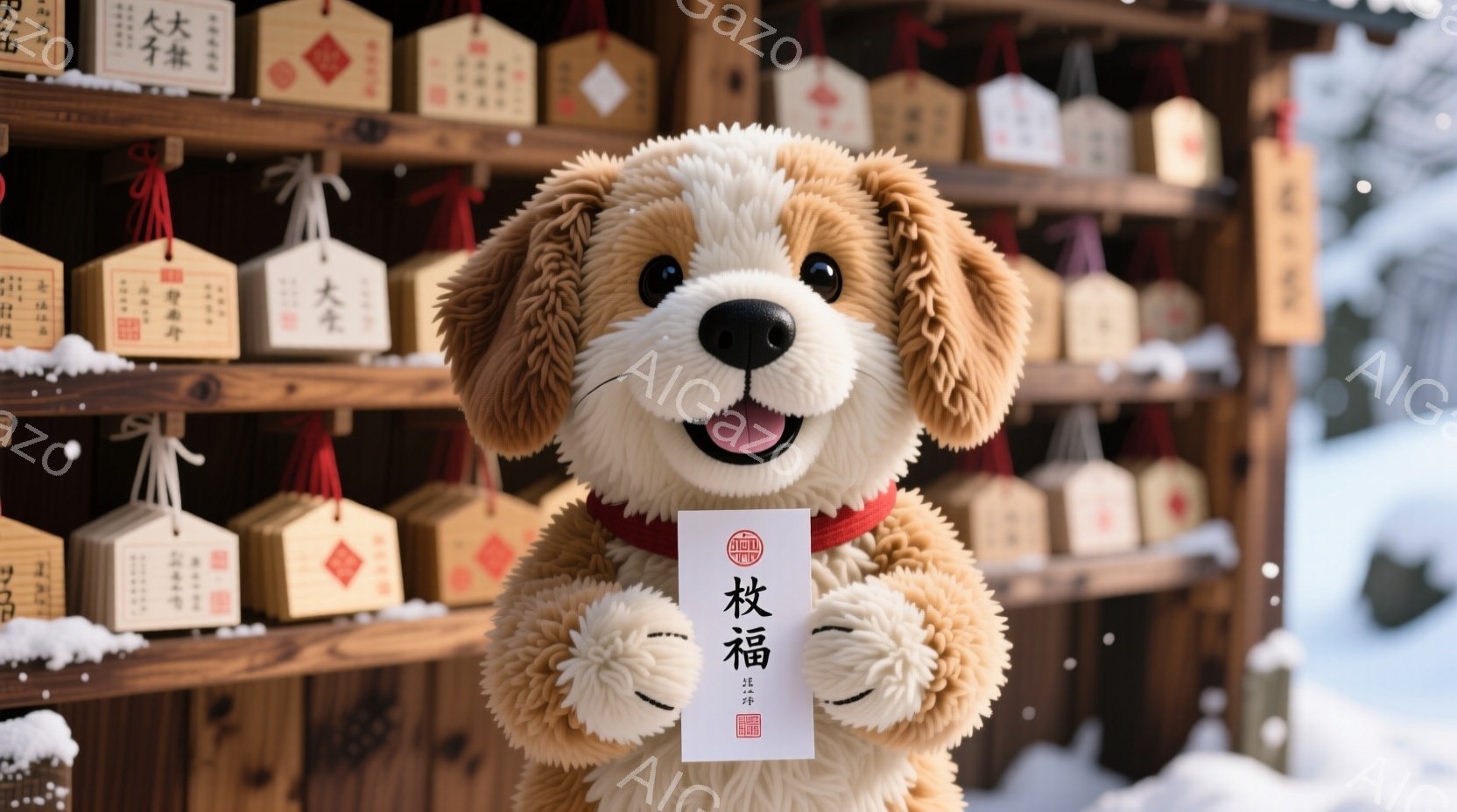 大きな犬のぬいぐるみは、赤い胴衣を着て、両手を前に出して立っています。背景には、たくさんの木製の絵馬が並び、雪が降る冬の寺院または神社のような場所です。全体的に、温かく、お祝いの雰囲気で、ぬいぐるみが訪れる人々に親しみやすさを感じさせる画像です。