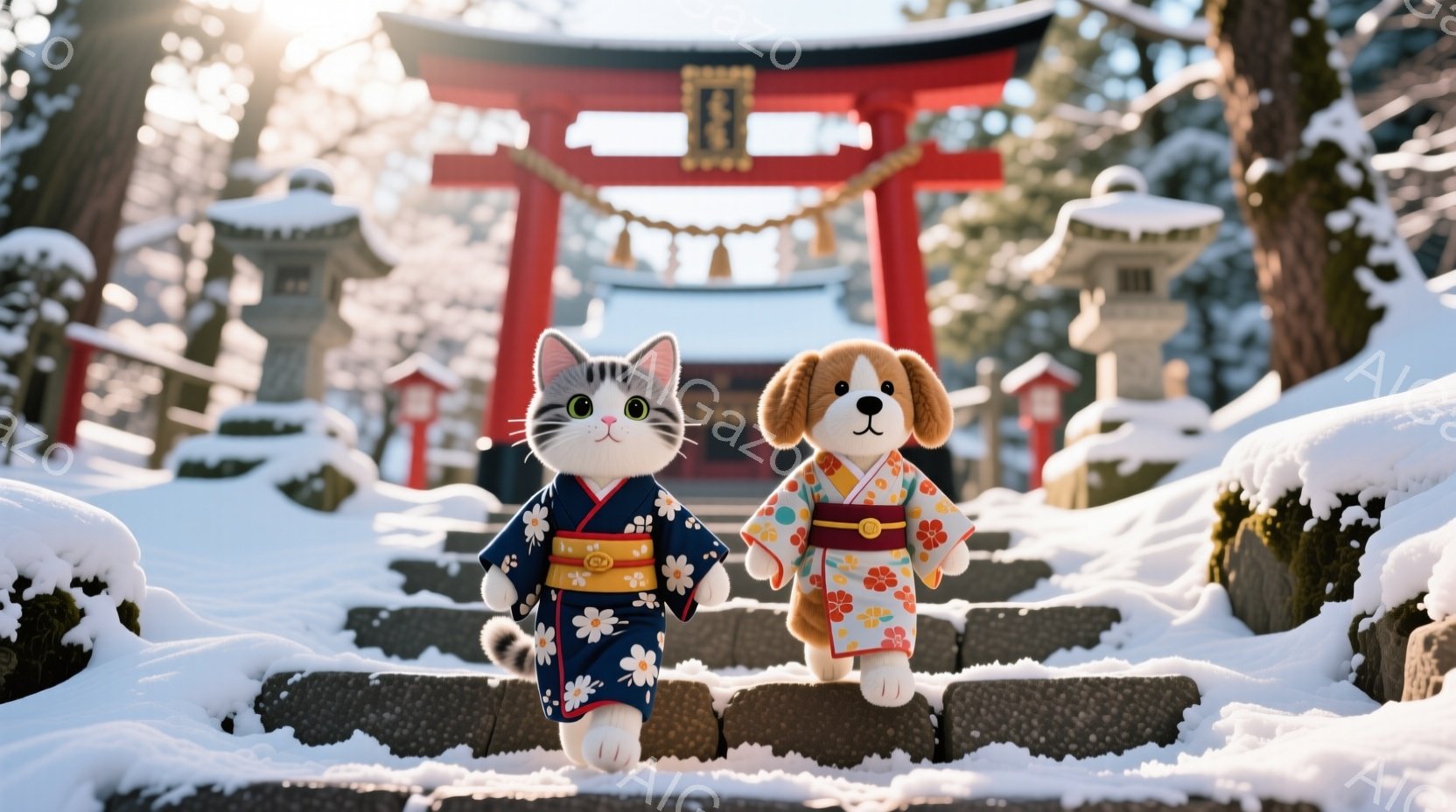 白と黒の猫と茶色の犬が、日本の伝統的な着物を着て石段を登っています。着物には、それぞれ白い花模様が描かれており、帯も上品な色合いです。背景には、雪景色の中に赤い鳥居と石灯籠が見え、冬の厳かな雰囲気を醸 - AI生成フリー素材