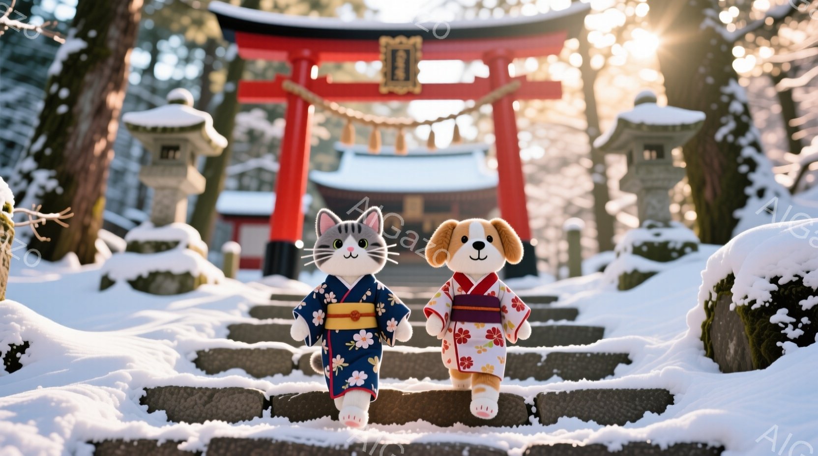 雪に覆われた石段の上を、着物を着た猫と犬のぬいぐるみ二匹が歩いている。猫は濃紺地に白とピンクの桜模様の着物、犬は赤地に白とピンクの桜模様の着物を着ており、可愛らしい表情を浮かべている。背景には鮮やかな朱色の鳥居と雪で覆われた木々が見え、幻想的な冬の風景を作り出している。