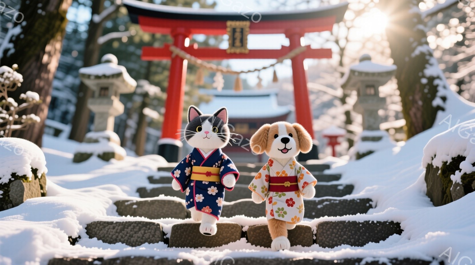 白い雪に覆われた石段を、着物を着た猫と犬が歩いている。猫は濃い青色の着物、犬はオレンジ色の着物を身に着け、それぞれ首元には赤い飾り紐が結ばれている。背景には赤い鳥居と雪化粧した木々が見え、静かで幻想的な冬の雰囲気が漂っている。