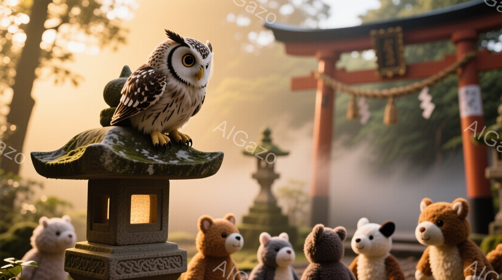 石灯籠の上に、目を大きく見開いたフクロウが静かに佇んでいます。フクロウの周囲には、可愛らしいテディベアたちが集まり、見守るように並んでいます。背景には、霧が立ち込める朱色の鳥居と、緑豊かな自然が広がり - AI生成フリー素材