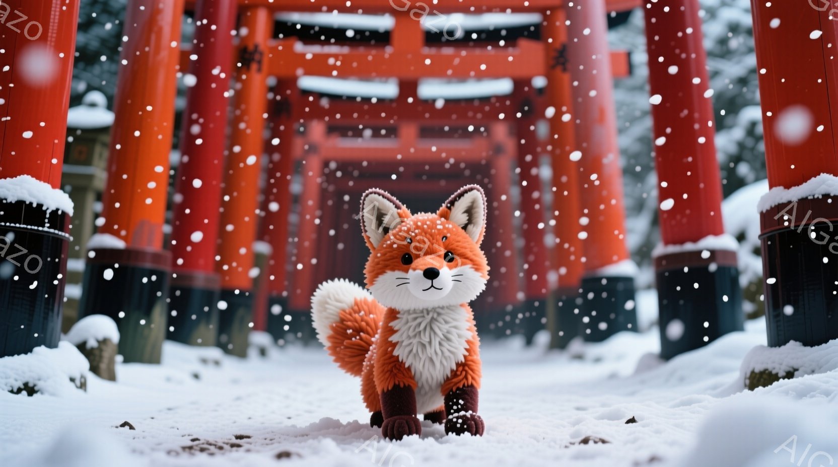 雪が降り積もる中、可愛らしい子ギツネが真っ赤な鳥居が並ぶ道を歩いています。子ギツネは赤い靴下を履き、ふわふわの尻尾を揺らしながら、前を見つめています。背景には、雪化粧した鳥居が連なり、幻想的で温かい雰囲気を醸し出しています。