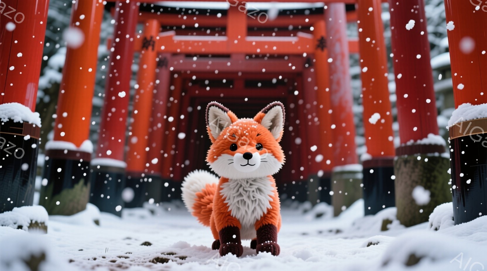 雪が降る中、鮮やかな朱色の鳥居が並ぶ神社の前に、ふわふわとしたオレンジ色の狐が立っている。その狐は、前足を揃えてまっすぐ前を見つめ、冬の景色の中に暖かさと可愛らしさを添えている。背景には雪で覆われた木 - AI生成フリー素材