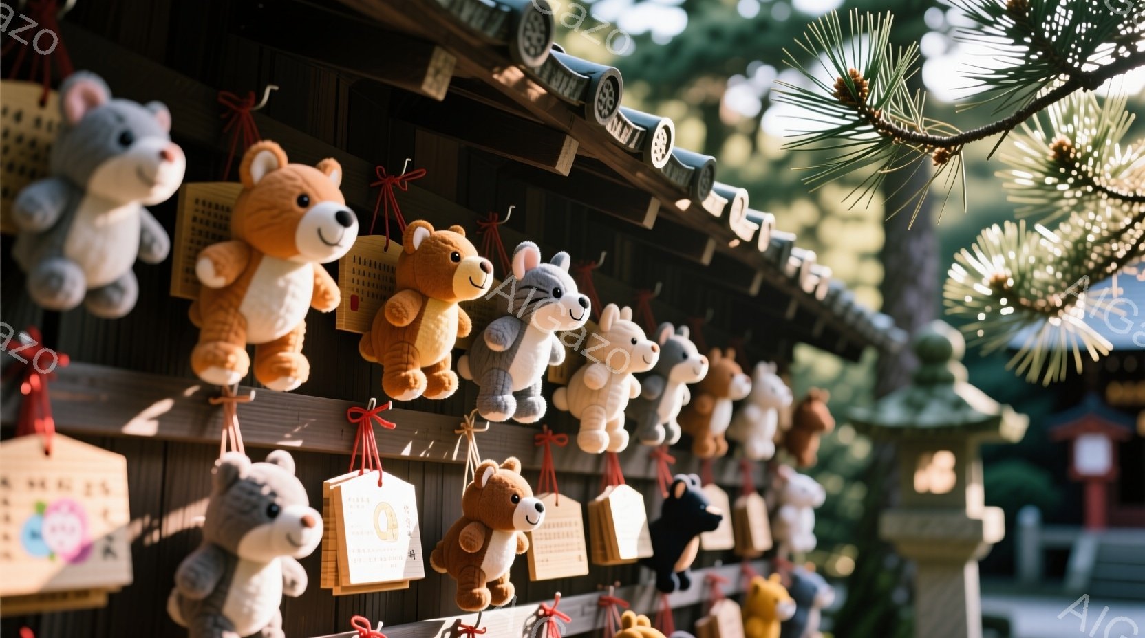 寺または神社の壁に、様々な動物のぬいぐるみが奉納されている様子が写っている。それぞれのぬいぐるみには、祈願や願い事を書いた絵馬が結び付けられており、全体的に温かく、希望に満ちた雰囲気が漂っている。背景には赤い鳥居や緑豊かな木々が見え、自然と文化が調和した美しい光景が広がっている。