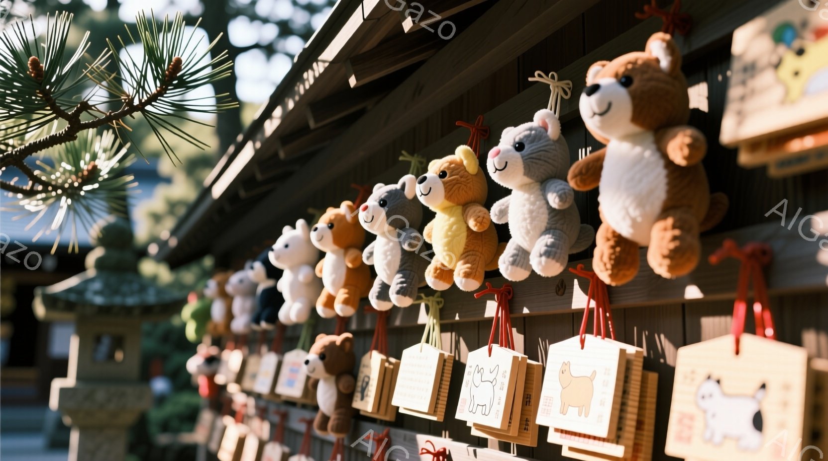 寺院または神社の壁に、様々な動物を模した小さなぬいぐるみたちが吊るされています。各ぬいぐるみには、木製の絵馬のようなプレートが紐で結ばれており、それぞれのプレートには動物のイラストと文字が描かれています。背景には木造建築物や緑豊かな自然が見え、晴天の下、温かく穏やかな雰囲気が漂っています。