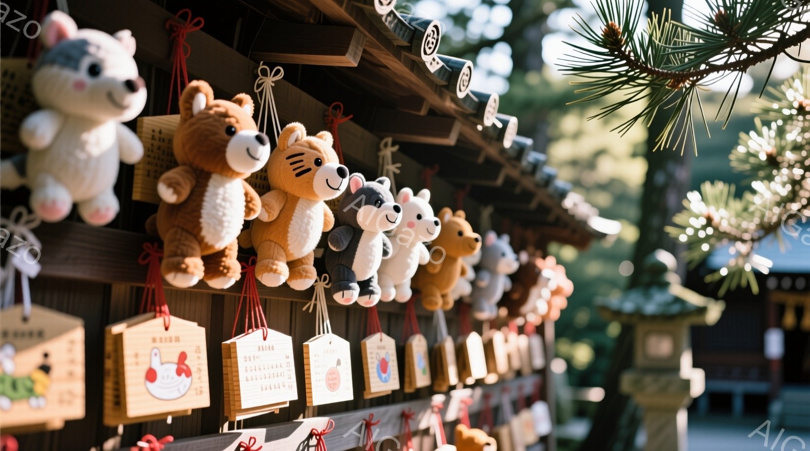 神社の境内にある小さな木製の絵馬に、様々な動物のぬいぐるみたちが飾られています。茶色、白、虎柄など色とりどりのぬいぐるみが並び、それぞれの表情は愛らしく、穏やかな雰囲気を醸し出しています。背景には木製の建造物と緑豊かな自然が見え、晴天の下、静かで穏やかな祈りの空間が広がっています。