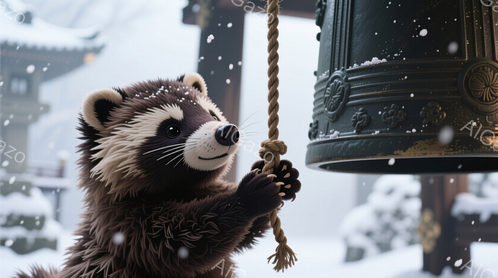 雪が降る中で、愛らしいアライグマが寺院の鐘のロープを必死につかもうとしています。アライグマは茶色い毛並みで、つぶらな瞳が特徴的で、少し上目遣いにロープを見つめています。背景には雪景色の中に寺院の建物が見え、厳かで静謐な雰囲気が漂っています。