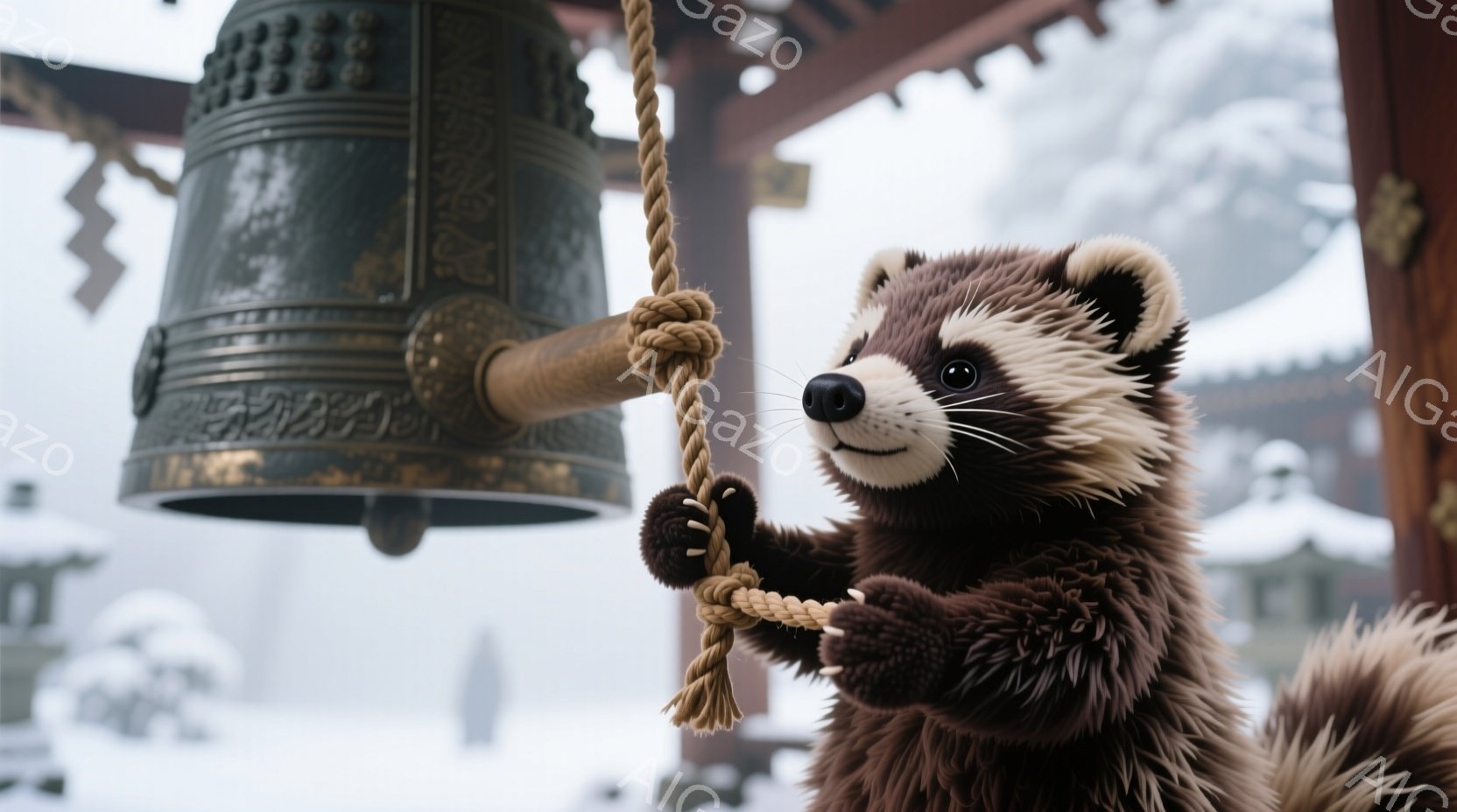 寺院の鐘のロープにしがみついているカワウソのぬいぐるみのようなキャラクターが写っています。キャラクターは茶色の毛並みで、白い顔と胸を持ち、丸い黒い目と笑顔で愛らしい表情をしています。背景には、雪で覆われた寺院の建物と、ぼやけた雪景色が見え、全体的に温かく、おもしろい雰囲気を醸し出しています。