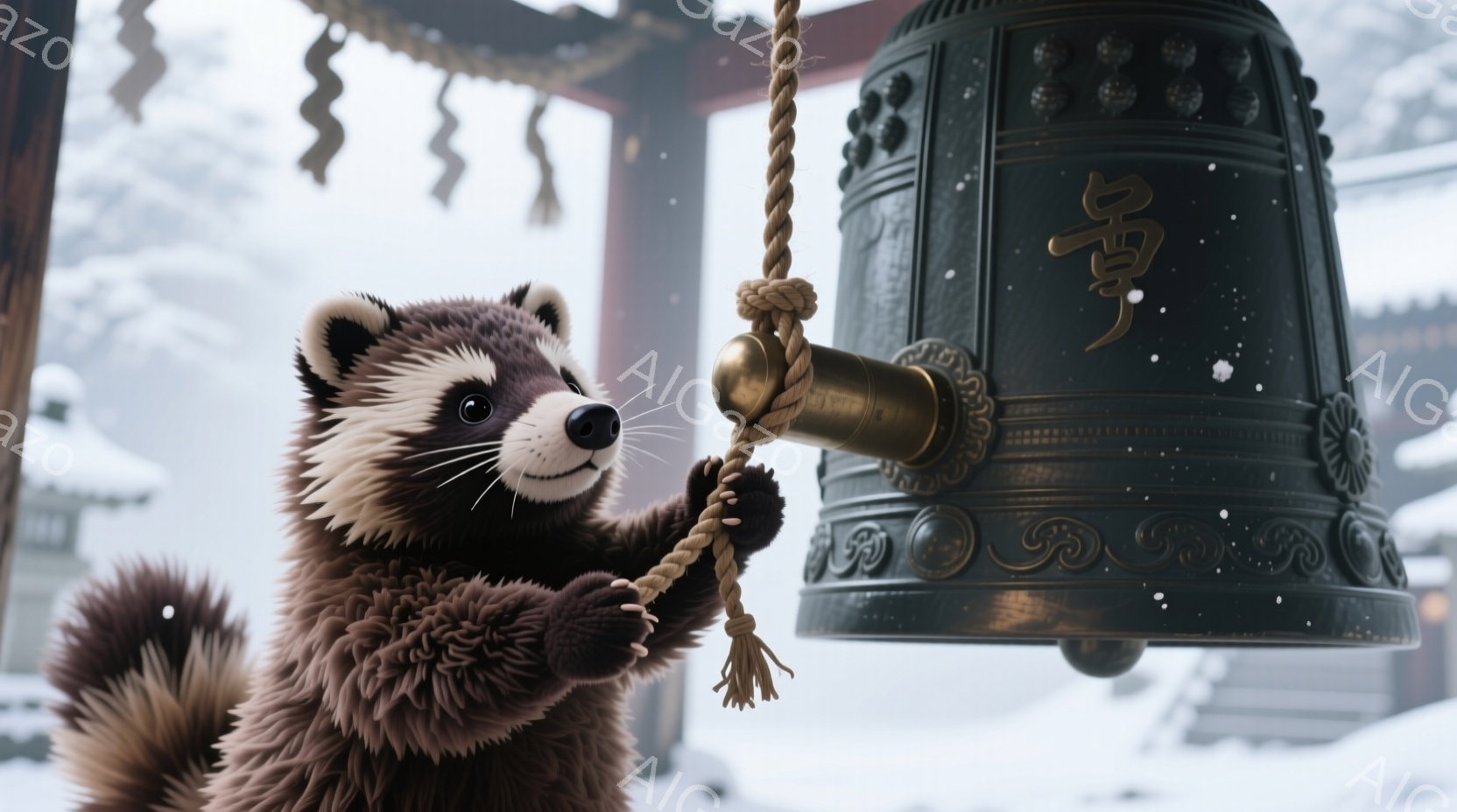 雪がちらつく中で、可愛らしいイタチが寺の鐘のロープを両手で掴んで懸命に引っ張ろうとしています。イタチは茶色の毛並みで、つぶらな瞳は好奇心に満ちており、冬の寒さを吹き飛ばすような愛らしい表情をしています。背景には雪景色が広がり、伝統的な寺の建物が見え、静寂で穏やかな冬の雰囲気が漂っています。