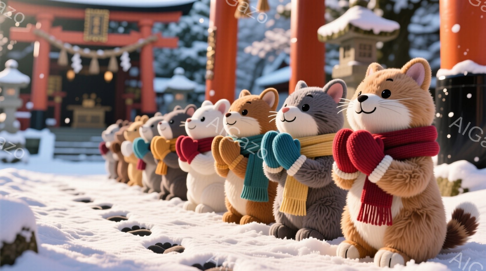 雪の中、かわいらしい動物たちが一列に並んで立っています。それぞれの動物は、カラフルなマフラーと手袋を身につけ、ほほえましい表情をしています。背景には、雪で覆われた鳥居や石灯籠が見え、幻想的で温かい雰囲気を醸し出しています。