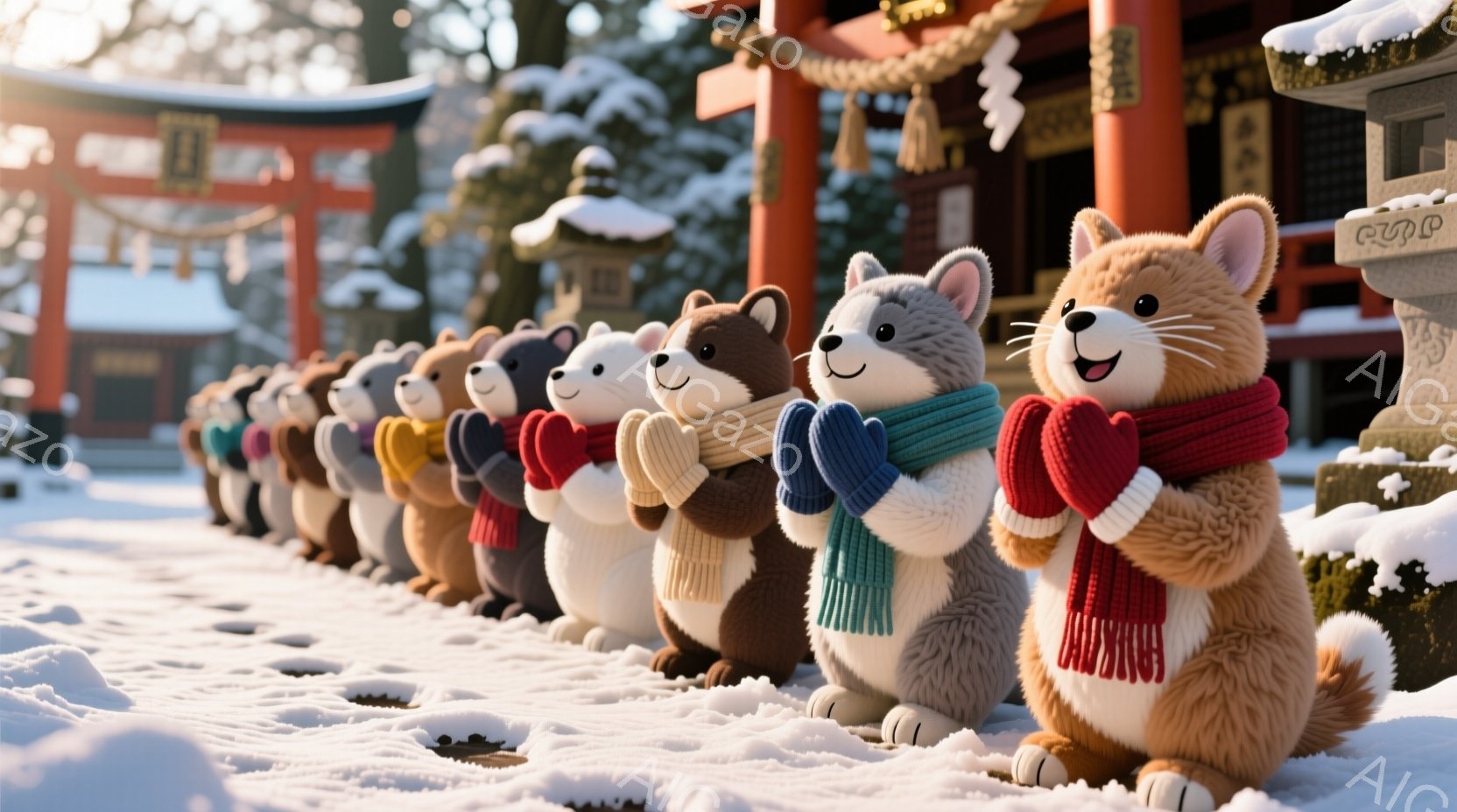 雪景色の中、一列に並んだ愛らしい動物たちの姿が描かれています。それぞれの動物は、白い体に色とりどりのマフラーを巻き、両手を合わせて祈るようなポーズを取っています。背景には、雪化粧した鳥居や石灯籠が見え - AI生成フリー素材