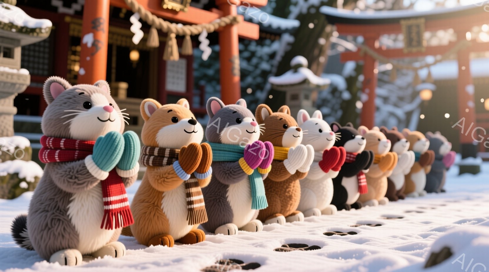 首にカラフルなマフラーを巻いた、かわいらしいタヌキの列が描かれています。タヌキたちは皆、前足を組み、祈るような姿勢をとっており、その表情は穏やかで優しいです。背景には雪が積もった神社の建物があり、冬の静かで穏やかな雰囲気を醸し出しています。
