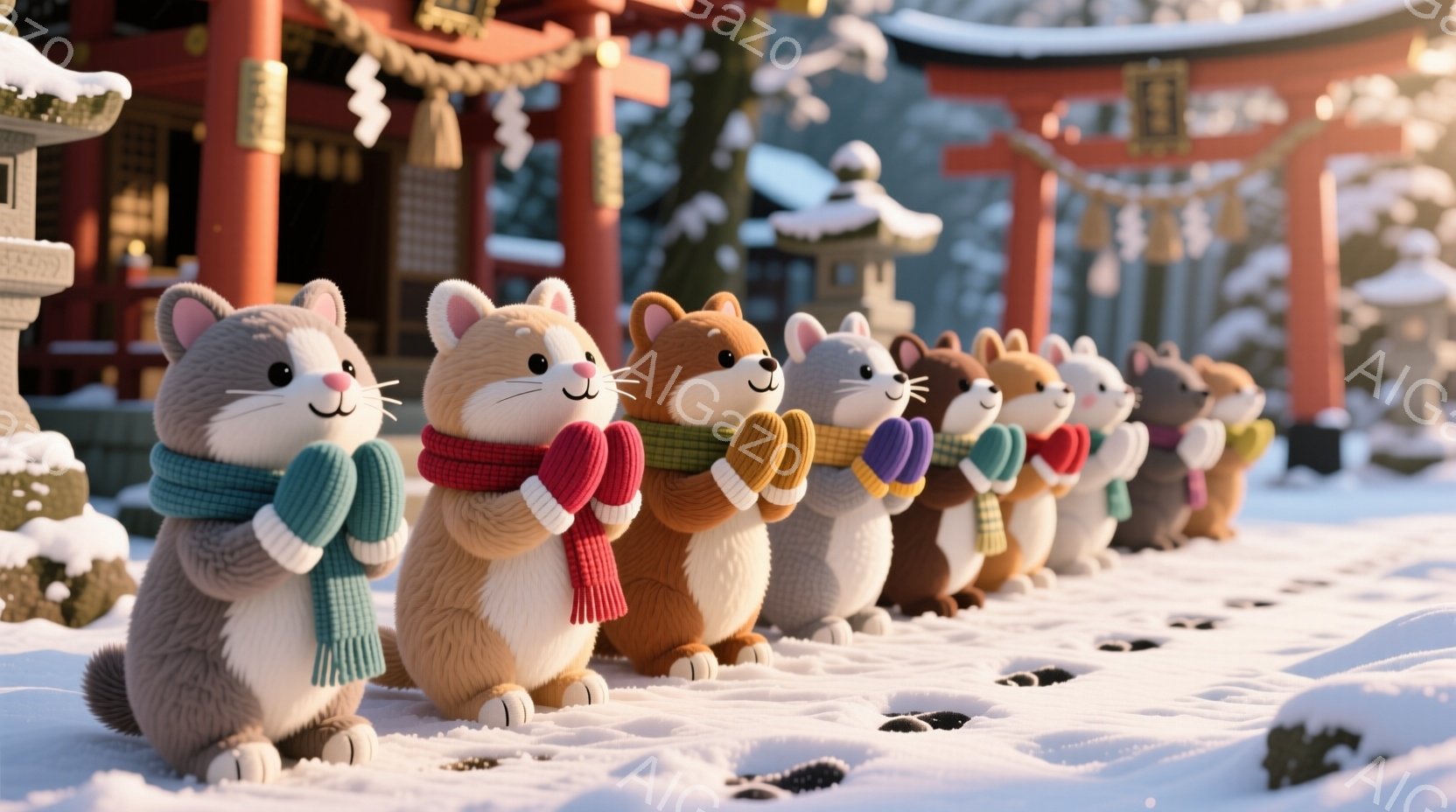 雪の中に並んだ、首にマフラーを巻いた可愛らしいネズミの列が描かれています。ネズミたちは皆、前足を合わせて祈るようなポーズをとっており、それぞれ異なる色のマフラーが暖かさを添えています。背景には、雪を被った鳥居と寺院の一部が見え、穏やかで冬らしい雰囲気を醸し出しています。