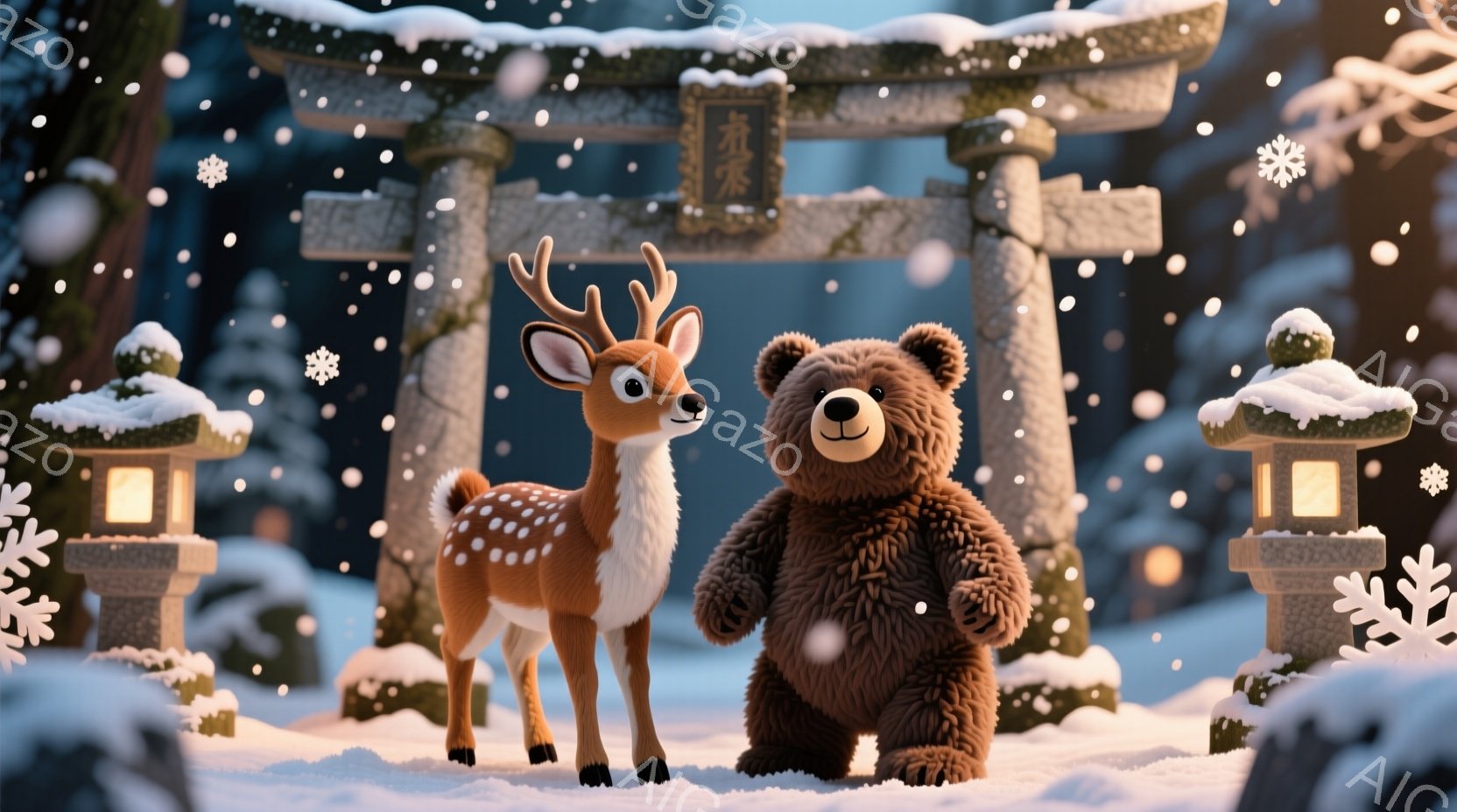 雪が舞う冬の風景の中に、可愛らしい子鹿とクマが立っている。背景には、雪化粧した鳥居と石灯籠があり、幻想的な雰囲気を醸し出している。子鹿は好奇心旺盛な表情でクマを見つめ、クマは穏やかな笑顔で立っている。