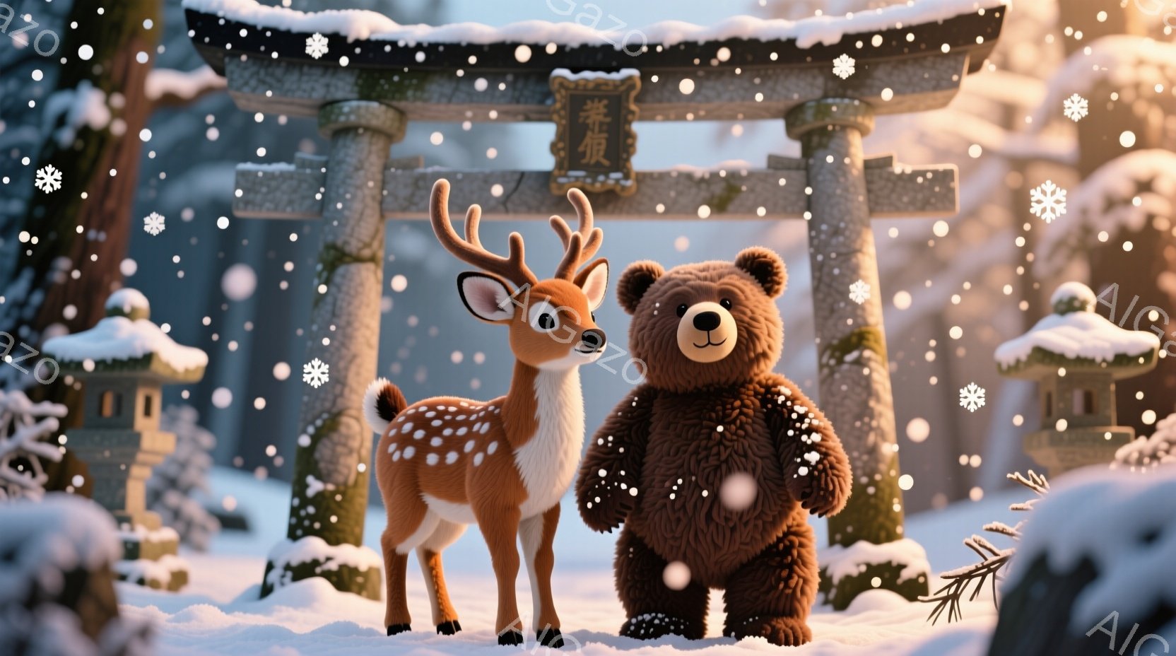 雪が降る冬の風景の中に、可愛らしい子鹿とクマが立っています。背景には雪化粧した鳥居と、屋根に雪が積もった伝統的な建物が見え、穏やかで幻想的な雰囲気が漂っています。子鹿は斑点模様で、クマはふっくらとした体型をしており、どちらも優しい表情を浮かべています。
