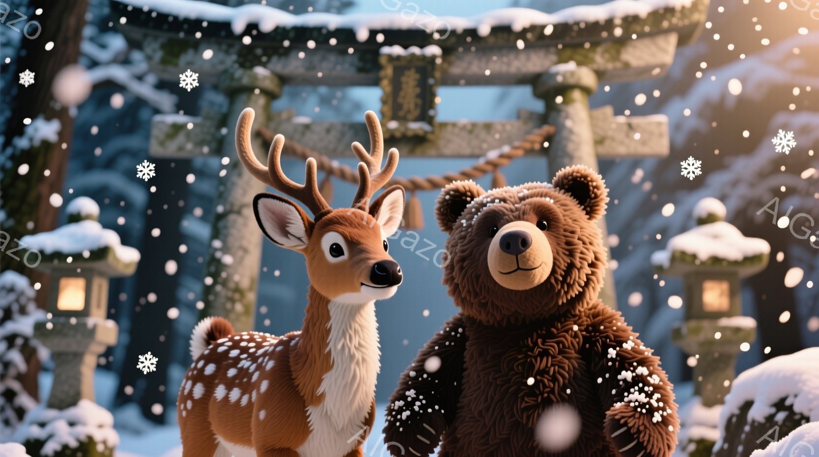 雪が降る冬の風景の中に、愛らしい鹿とクマが並んでいます。鹿は白い胸元と茶色の斑点模様を持ち、クマはふっくらとした体型で、どちらも穏やかな表情をしています。背景には雪を頂いた鳥居と石灯籠が見え、静かで幻 - AI生成フリー素材
