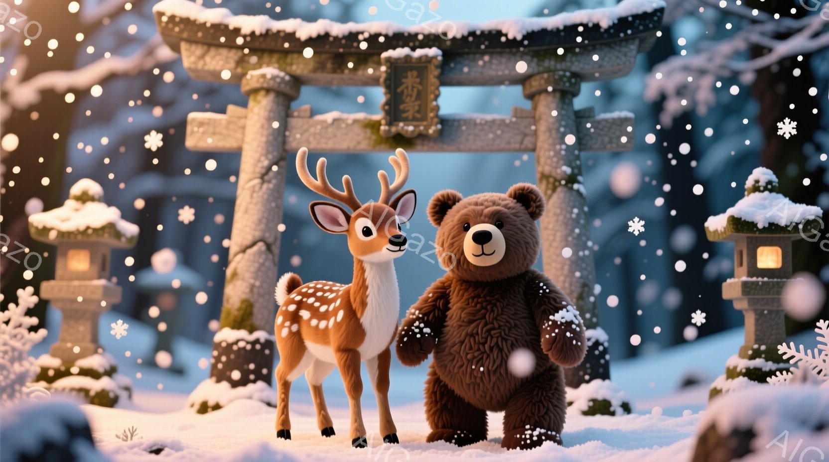 雪景色の中に、愛らしい子鹿とクマが立っています。背景には雪で覆われた鳥居と石灯籠が並び、幻想的な冬の風景を作り出しています。全体的に温かく、優しい雰囲気で、お祭りやイベントを連想させます。