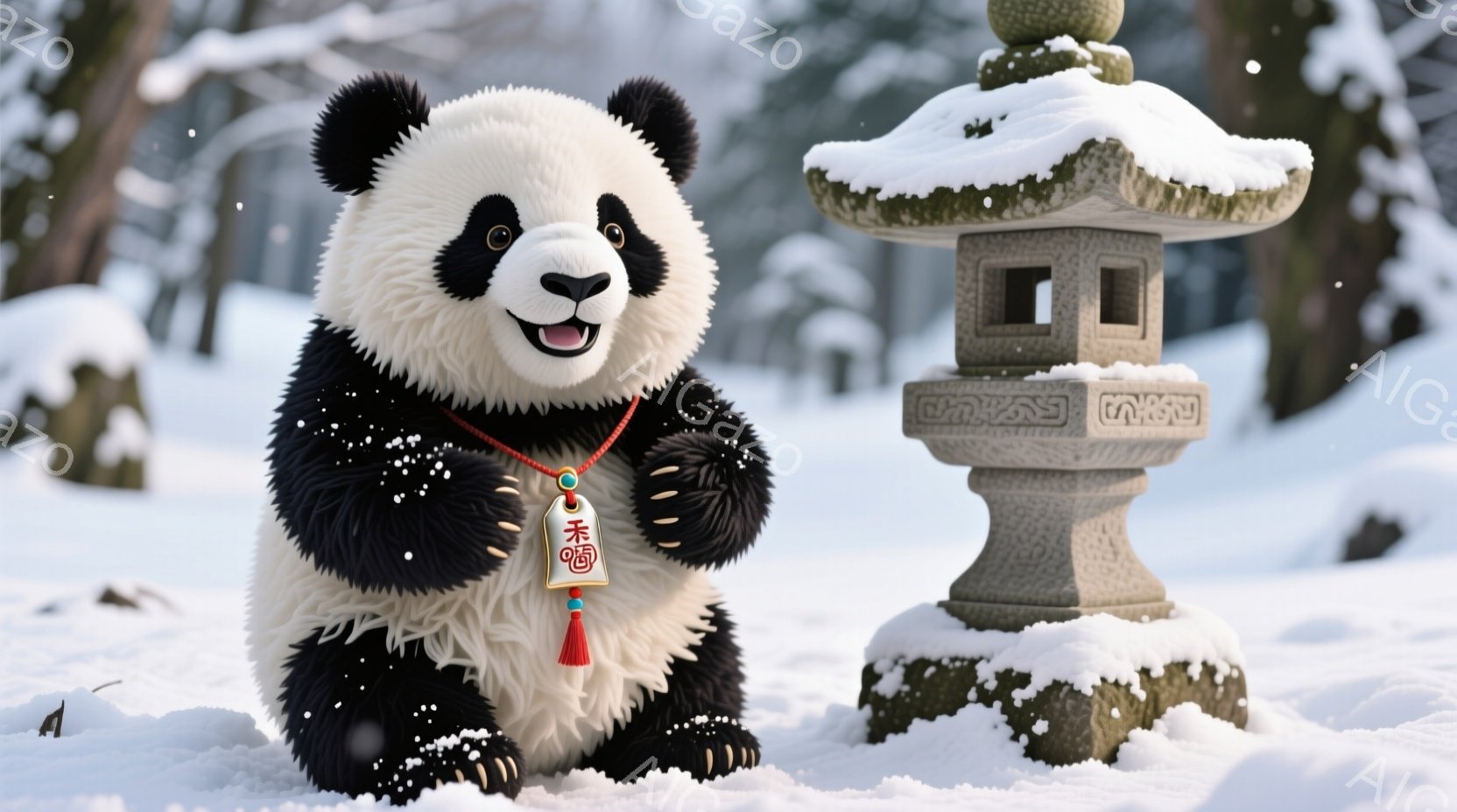白い雪景色の中にパンダが立っており、赤い紐のついた首飾りを身に着けている。パンダは満面の笑みを浮かべ、両手を前に出して親しげな印象を与えている。背景には雪を被った石灯籠が立ち、雪が舞う静かで穏やかな冬の雰囲気を醸し出している。