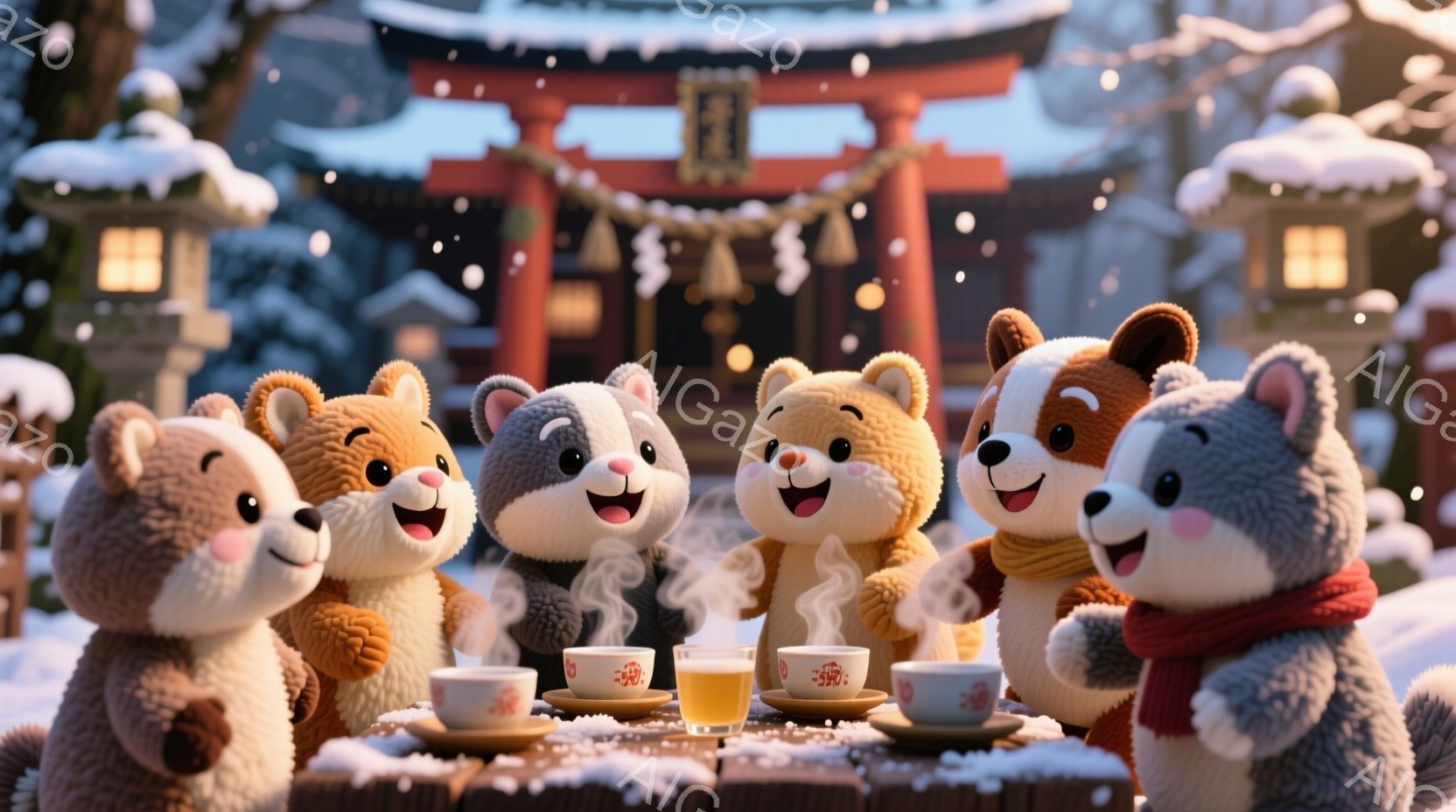 雪景色の中に、柴犬をモチーフにした可愛らしいキャラクターたちが並んでいます。赤いちゃんちゃんこを着て、湯呑みを手に温かい飲み物を楽しんでいる様子は、穏やかでほっこりとした雰囲気です。背景には雪化粧され - AI生成フリー素材