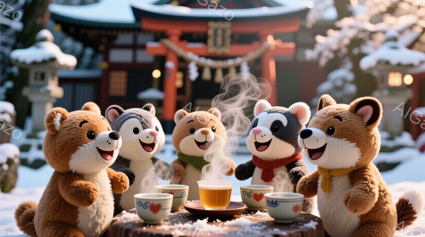 雪景色の中に、可愛らしい動物のぬいぐるみが円卓を囲んで温かい飲み物を楽しんでいます。それぞれのぬいぐるみは、赤いマフラーを巻いており、笑顔でそれぞれ異なるデザインの湯呑みを手にしています。背景には、雪化粧された美しい寺院が見え、全体的に温かく、穏やかな冬の雰囲気を醸し出しています。