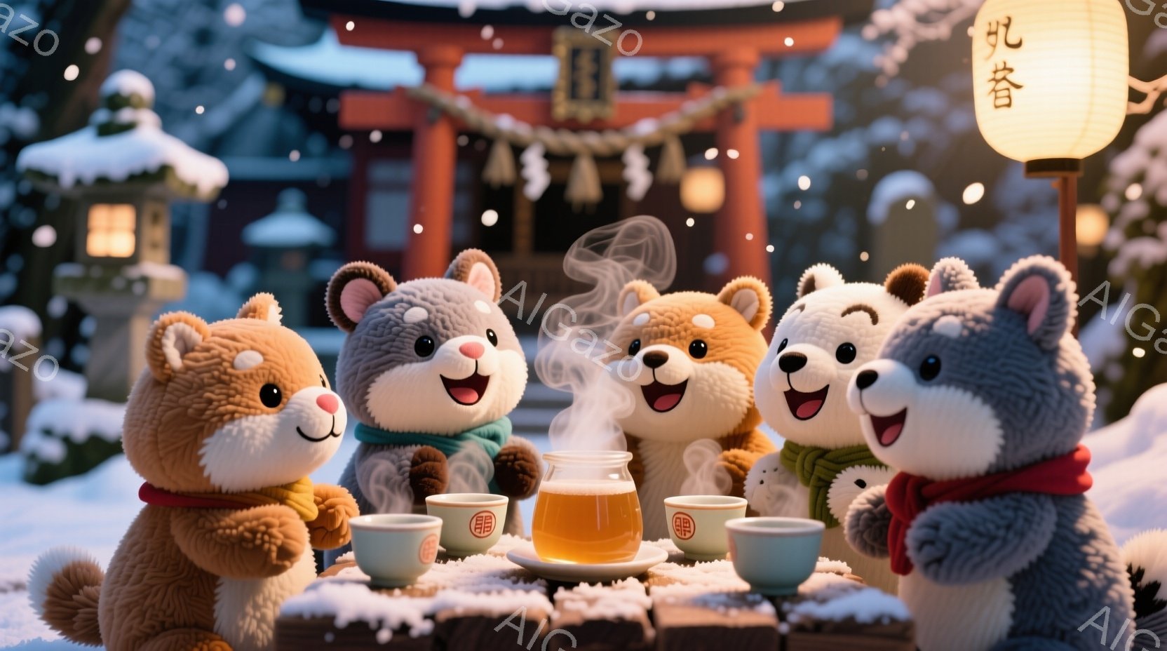 雪景色の中に、柴犬をモチーフにした可愛らしいキャラクターたちが集まっています。彼らはそれぞれ赤いマフラーや緑のマフラーを身に着け、温かいお茶を前にして楽しそうに微笑んでいます。背景には雪化粧した神社があり、温かい光が灯る提灯が冬の暖かな雰囲気を演出しています。