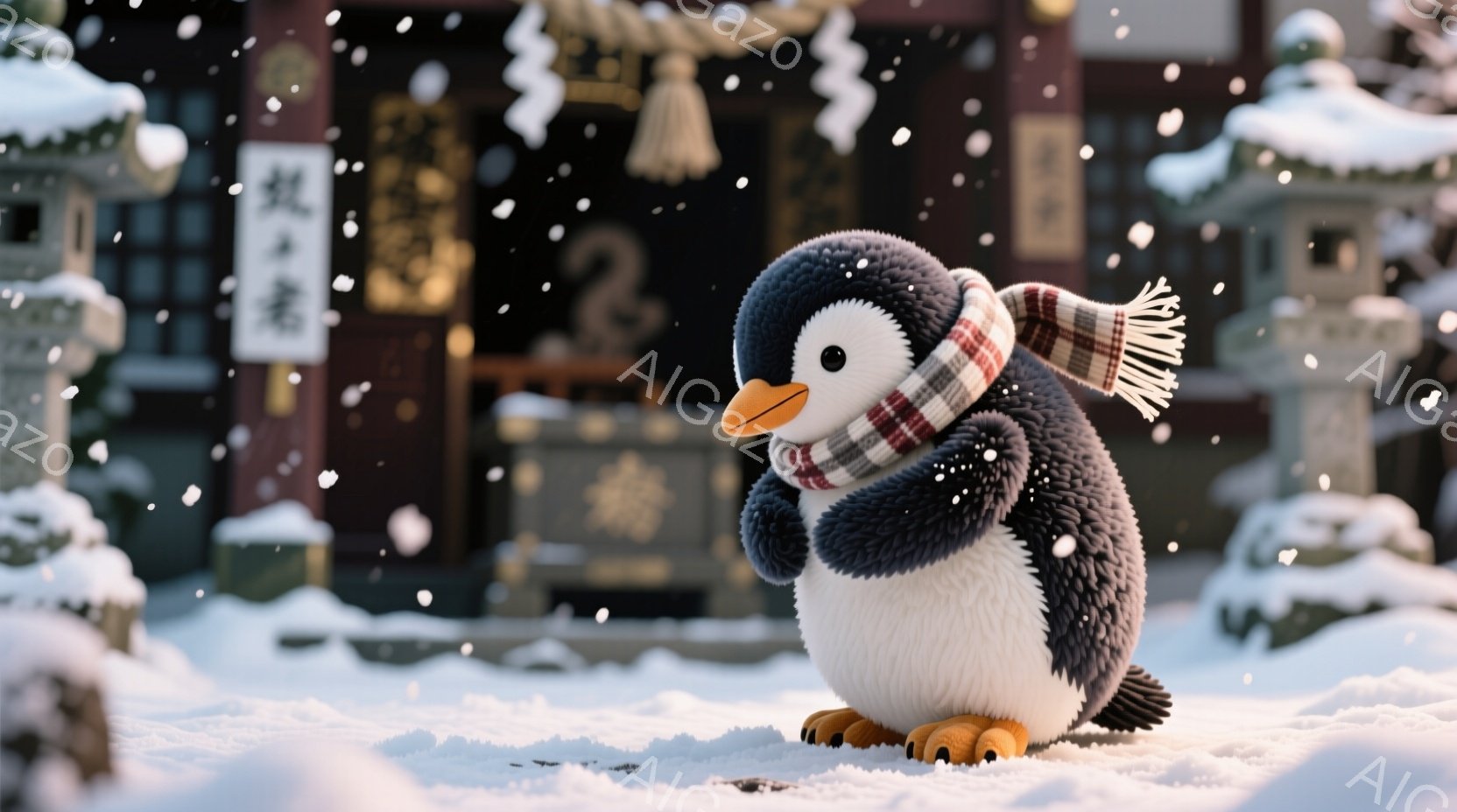 雪が降る中で、かわいらしいペンギンが立っている。灰色の体毛に白いお腹、オレンジ色の足とくちばしが特徴で、首にはストライプ柄の暖かそうなマフラーが巻かれている。背景には、雪で覆われた伝統的な日本の寺院が見え、静かで穏やかな冬の雰囲気が漂っている。