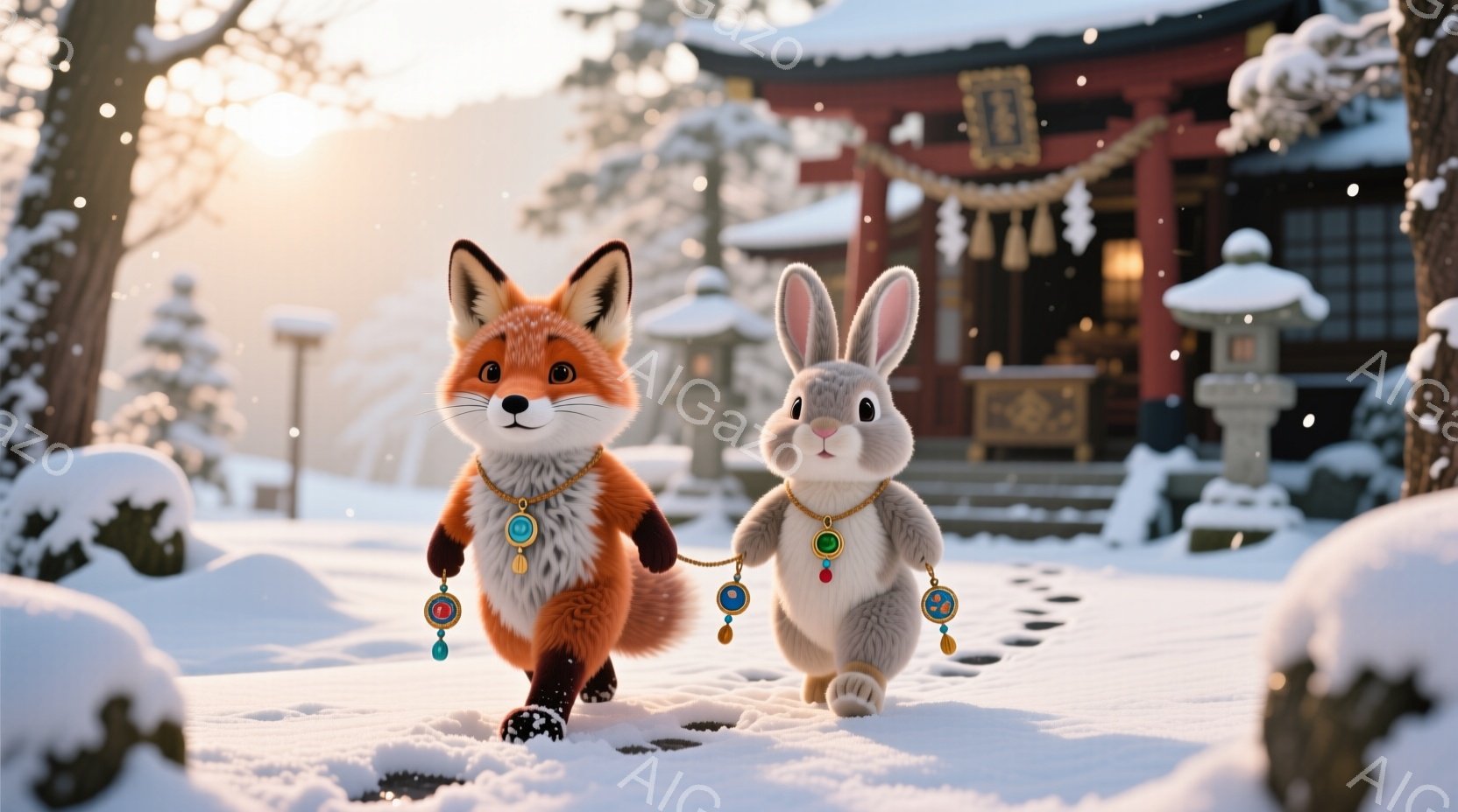 雪の中を狐とウサギが歩いている。二匹とも金色の装飾が付いた鎖を首に巻き、楽しそうな表情で前を見ている。背景には雪で覆われた神社があり、冬の穏やかな雰囲気が漂っている。