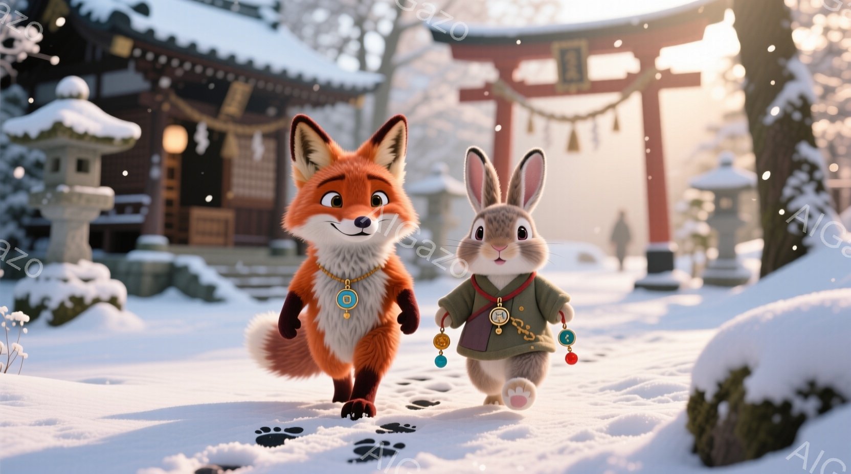 雪景色の中、狐とウサギが並んで歩いている。狐はオレンジ色の毛並みで、首に金の飾りをつけている。ウサギは緑色の着物のような服を着て、可愛らしい表情をしている。 - AI生成フリー素材
