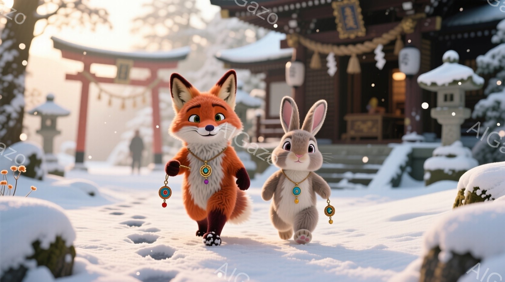 明るい雪景色の中、狐とウサギが並んで歩いている。二匹はそれぞれ首に金の飾りをつけ、足跡を雪に残しながら、神社の方向へ向かっているようだ。背景には赤い鳥居や伝統的な建物が見え、雪が舞い散る穏やかな冬の雰囲気が漂っている。