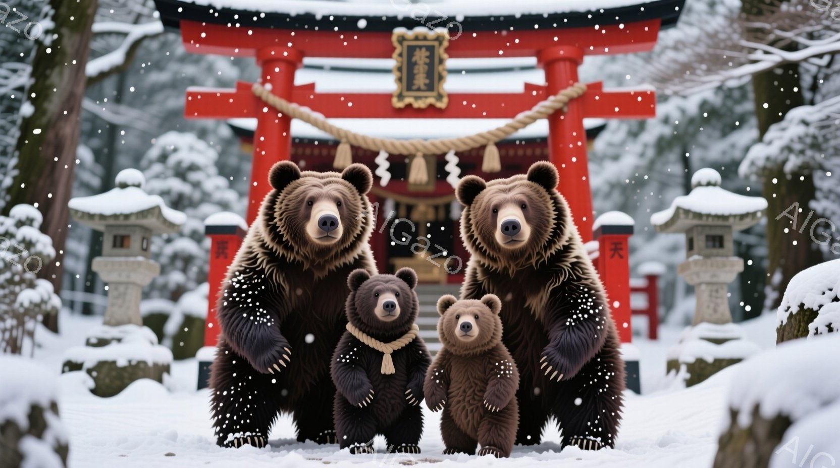 雪が降る中、一組の熊が並んで立っている。一番大きな熊は両側に小さな熊を従え、皆、赤い締め縄が張られた鳥居の前でまっすぐ前を見ている。背景には雪で覆われた木々と石灯籠が見え、全体的に厳かで静謐な雰囲気が漂っている。