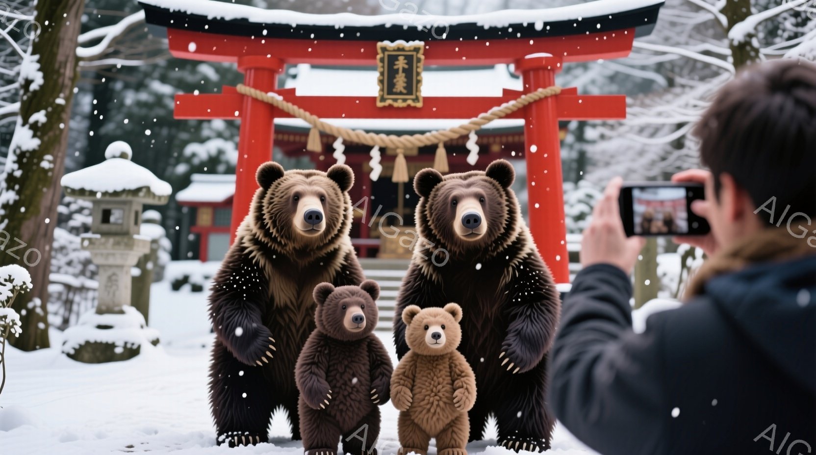 雪景色の中に、大きなクマのぬいぐるみ３体が並んで立っています。後ろには赤い鳥居があり、雪をかぶった石灯籠も確認できます。誰かがスマートフォンで彼らを写真に撮っており、冬の温かい雰囲気を醸し出しています - AI生成フリー素材