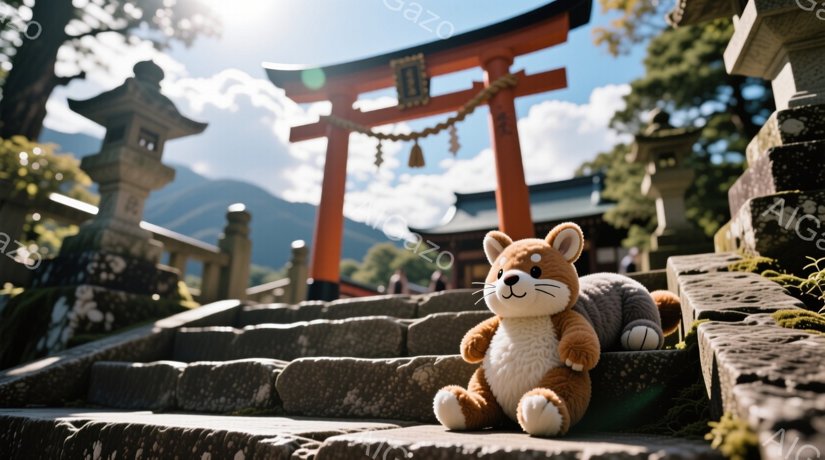 石段に座っている茶色のぬいぐるみが写っています。背景には赤い鳥居と緑豊かな自然があり、晴れた空が広がっています。石段には苔が生えており、静かで穏やかな雰囲気を醸し出しています。