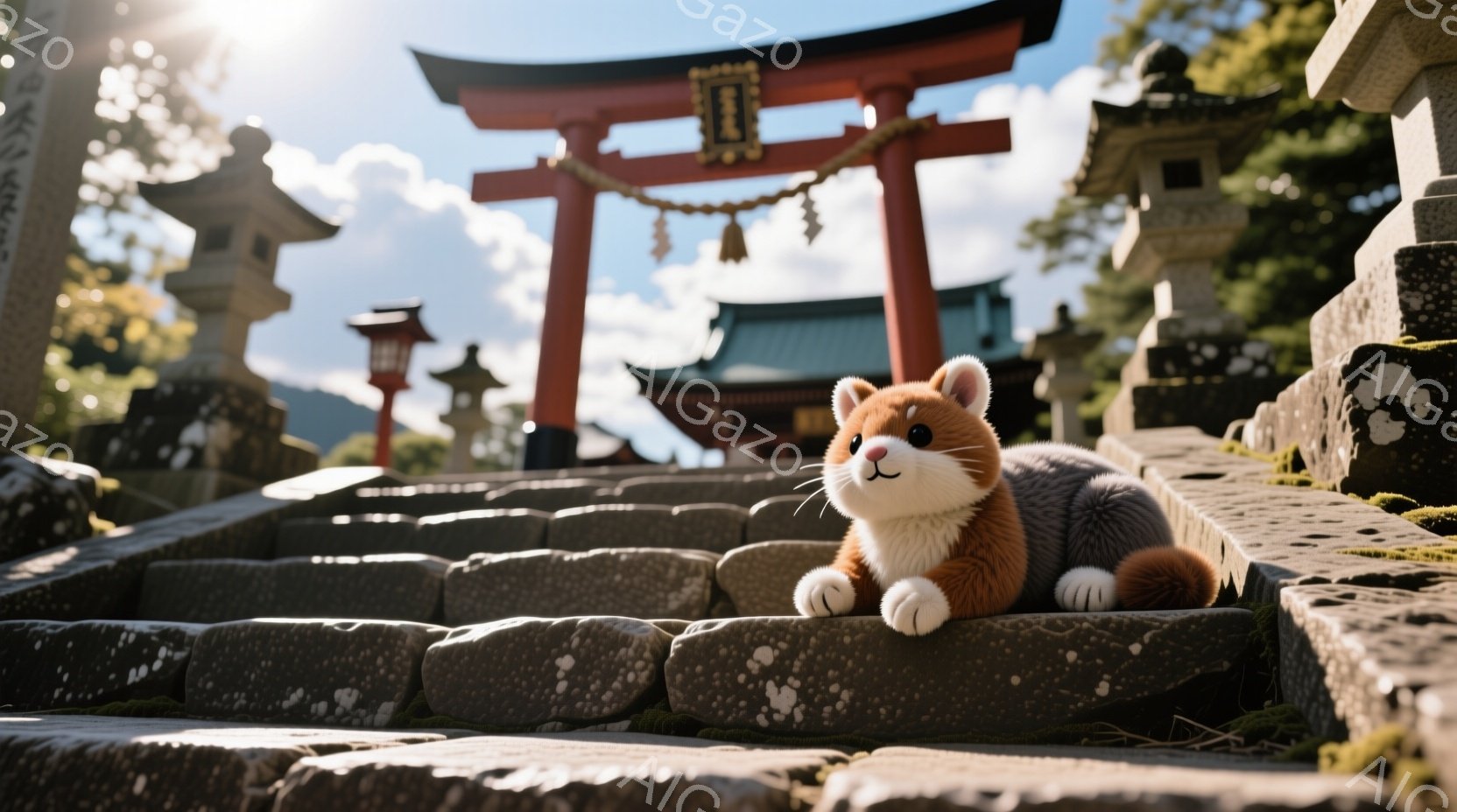 灰色とオレンジ色の毛並みを持つ猫が、苔むした石段にうつ伏せになってリラックスしています。背景には、鮮やかな朱色の鳥居と、伝統的な様式の建物が見え、穏やかな晴天の下で歴史的な雰囲気が漂っています。石段には緑色の苔が点在し、自然と文化が調和した静謐な空間が演出されています。