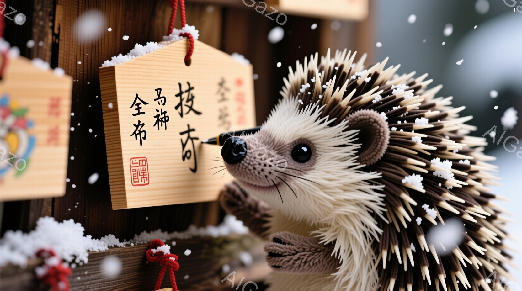 可愛らしいハリネズミのぬいぐるみが写っています。赤い飾り紐と、文字が書かれた木製の絵馬が背景にあり、まるで初詣にきたかのような雰囲気です。雪が舞っており、冬の温かく、ほのぼのとした雰囲気を醸し出しています。