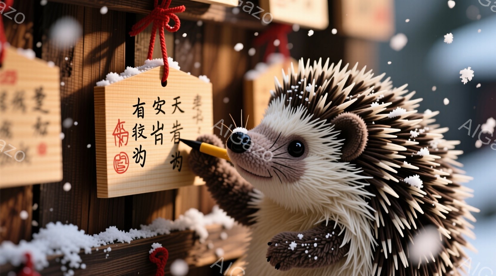 雪が舞う中で、可愛らしいハリネズミが縁日の屋台の前に立っています。赤い提灯のような形をした御守がいくつか飾られており、その一つをハリネズミが手に持っている様子が愛らしいです。全体的に暖かく、冬のイベントの楽しさが伝わってくる雰囲気です。