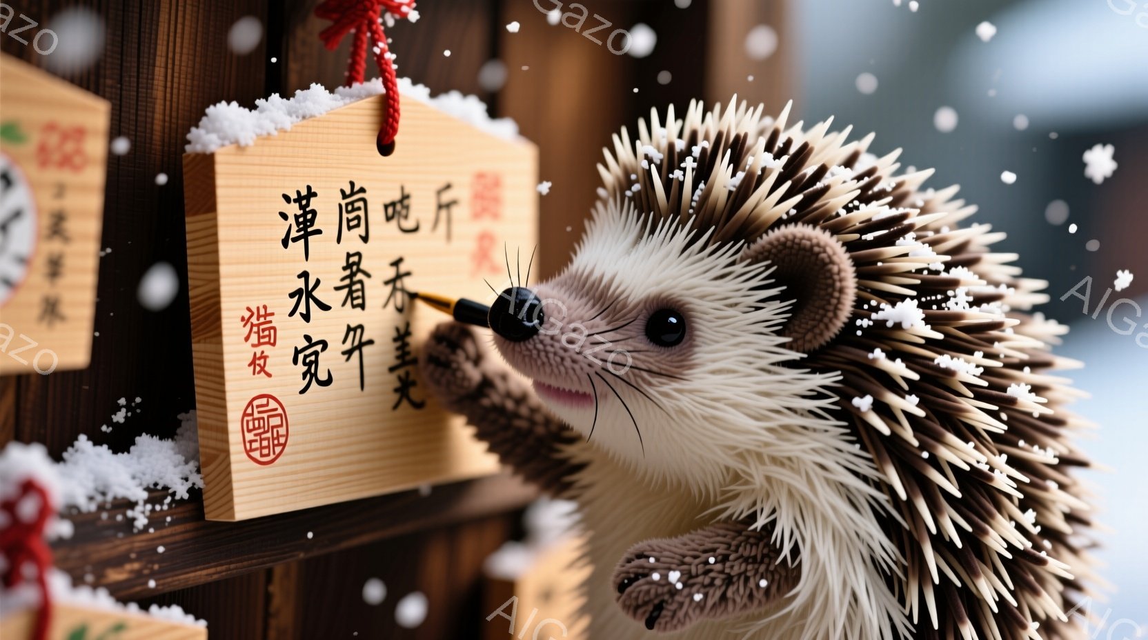 可愛らしいハリネズミが、日本の新年のお守り（おまもり）の前に立っている様子を捉えています。ハリネズミは小さな黒い帽子をかぶり、真剣な表情で何かを見つめており、お守りは「合格祈願」という文字と赤い印が描かれています。背景には、同様のお守りが並び、雪が舞う冬の雰囲気の中で、新年を祝う、あるいは祈願する心温まる情景が広がっています。