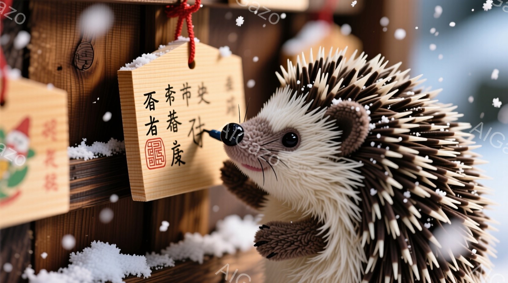 雪が舞う中で、可愛らしいハリネズミが木製の絵馬の前に佇んでいます。ハリネズミは赤い首輪をつけており、丸い瞳は優しい印象を与えます。背景には他の絵馬が積まれ、冬の神社の静かで温かい雰囲気が漂っています。