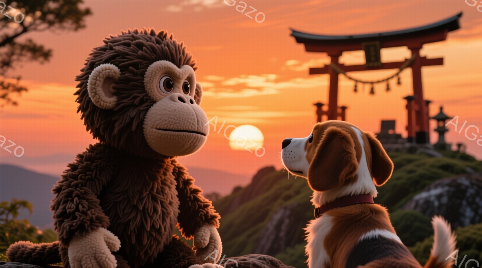 茶色い毛並みの大きな猿のおもちゃと、白と茶色のビーグル犬が岩の上で正面を向き合っています。背景には鮮やかな夕焼けと、朱色の鳥居、そして緑豊かな山々が見え、穏やかで温かい雰囲気を醸し出しています。犬は赤 - AI生成フリー素材