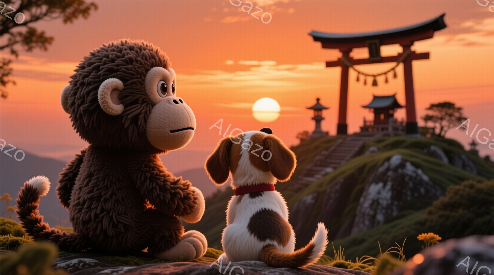 ぬいぐるみの猿と犬が、夕焼けに照らされた日本の風景を背景に、岩の上に並んで座っています。猿は茶色でモフモフした毛並みで、少し物憂げな表情をしています。背景には、赤い鳥居、石段、そして夕日に照らされた山々が広がり、穏やかで幻想的な雰囲気を作り出しています。